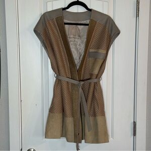 Stylish Tan and Brown Open Front Long Vest, Soft Gray Sheep Leather, Size Large